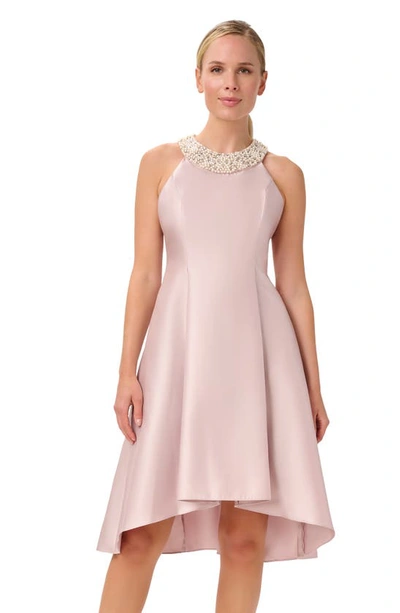 Shop Adrianna Papell Imitation Pearl Halter Neck High-low Mikado Dress In Bellini