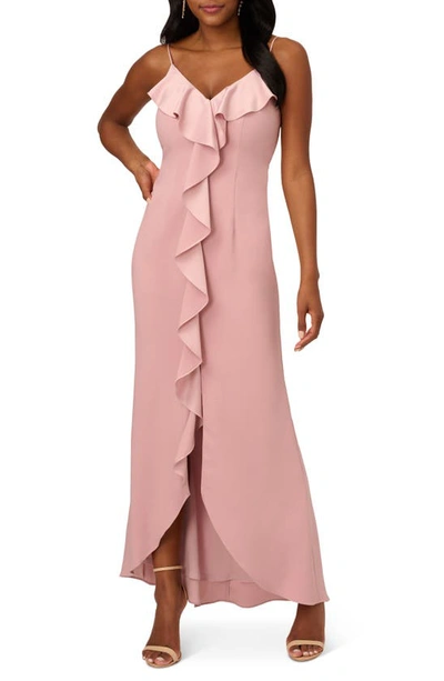 Adrianna Papell Ruffle Front Crepe Back Satin Gown In Steel Rose | ModeSens
