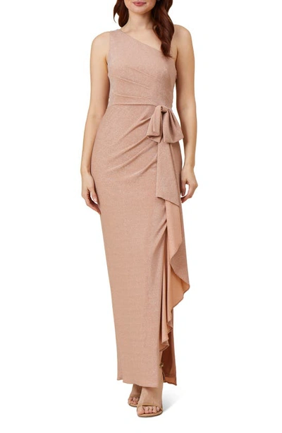 Shop Adrianna Papell Metallic One-shoulder Cascade Gown In Ginger