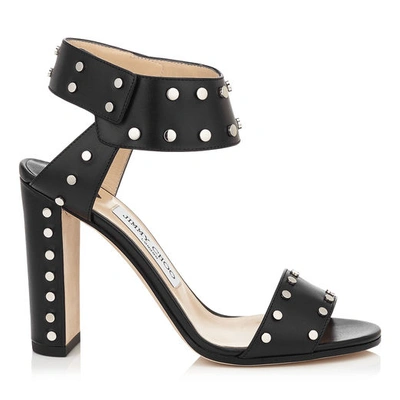 Shop Jimmy Choo Veto 100 Black Shiny Leather Sandals With Silver Studs In Black/silver
