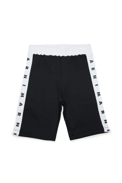 Shop Marni Black Shorts In Technical Fabric With Zip And Logo Tape