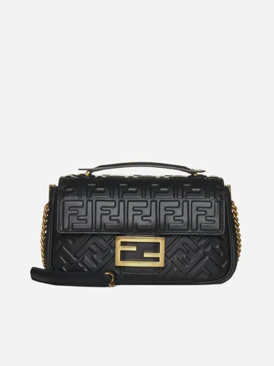 Shop Fendi Baguette Chain Ff Leather Midi Bag In Black