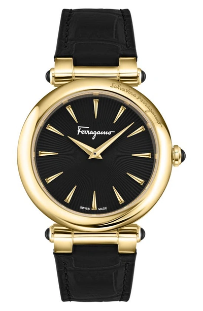 Shop Ferragamo Idillio Croc-embossed Leather Strap Watch, 36mm In Gold