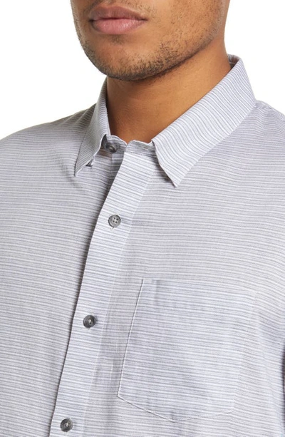 Travismathew Personal Preference Stripe Short Sleeve Cotton Button-up Shirt In Heather Grey