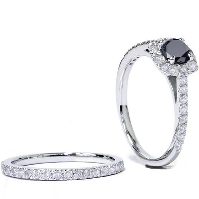 Pompeii3 7/8ct Cushion Halo Black Diamond Engagement Ring Set 14k White Gold In Multi