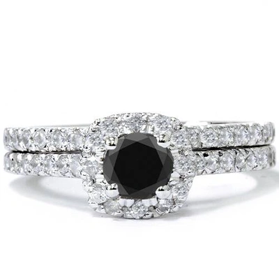 Pompeii3 7/8ct Cushion Halo Black Diamond Engagement Ring Set 14k White Gold In Multi
