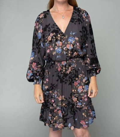 Shop Lovestitch Floral Dolman Sleeve Smocked V Neck Mini Dress In Grey/ Dusty Blue In Multi