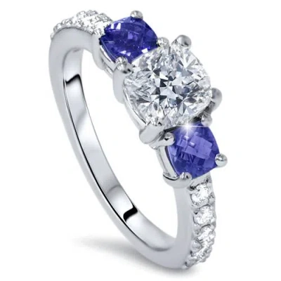 Pompeii3 3.25ct Cushion Diamond & Treated Blue Sapphire Engagement Ring 14k Enhanced In Multi