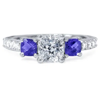 Pompeii3 3.25ct Cushion Diamond & Treated Blue Sapphire Engagement Ring 14k Enhanced In Multi