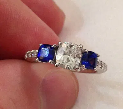 Pompeii3 3.25ct Cushion Diamond & Treated Blue Sapphire Engagement Ring 14k Enhanced In Multi