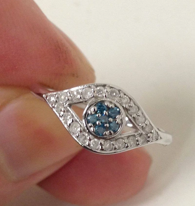 Pompeii3 1/3ct Blue & White Diamond Evil Eye Ring 14k White Gold In Multi