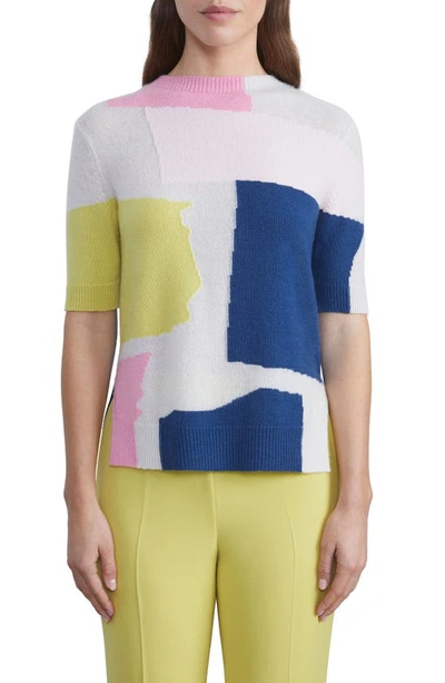 Shop Lafayette 148 Paper Collage Colorblock Intarsia Short Sleeve Cashmere Sweater In Parisian Blue Multi