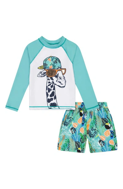 Shop Andy & Evan Long Sleeve Two-piece Rashguard Swimsuit In Aqua Giraffe