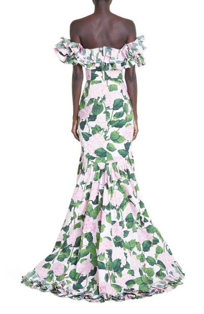 Shop Oscar De La Renta Hydrangea Print Off The Shoulder Stretch Cotton Gown With Train In Pink