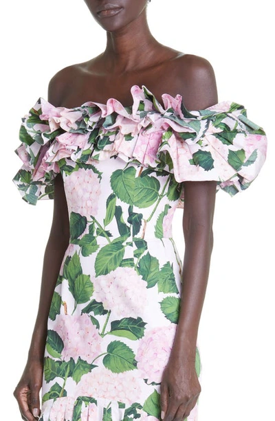 Shop Oscar De La Renta Hydrangea Print Off The Shoulder Stretch Cotton Gown With Train In Pink