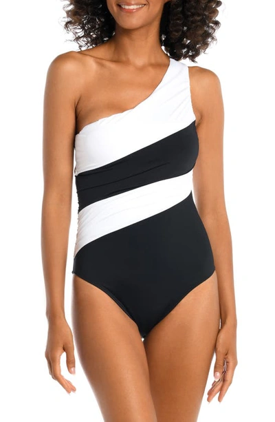 Shop La Blanca Island Goddess Ruched Colorblock One-shoulder One-piece Swimsuit In Black