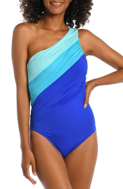 Shop La Blanca Island Goddess Ruched Colorblock One-shoulder One-piece Swimsuit In Ice Blue