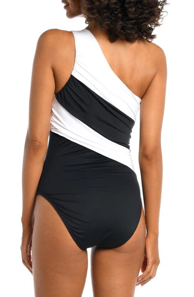 Shop La Blanca Island Goddess Ruched Colorblock One-shoulder One-piece Swimsuit In Black