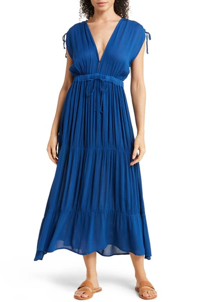 Shop Elan Ruched Tiered Cover-up Maxi Dress In Royal