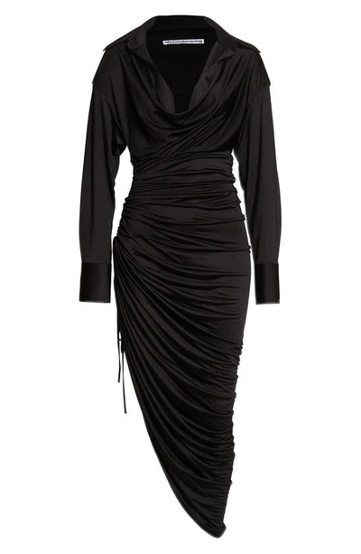 Shop Alexander Wang Asymmetric Long Sleeve Ruched Jersey Dress In Black