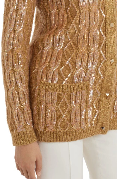 Shop Valentino Metallic Sequin Embroidered Mohair Blend Cardigan In 953-cammello/ Oro