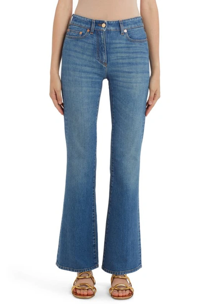 Shop Valentino Garavani Vlogo Chain Detail Stretch Denim Bootcut Jeans In 558-medium Blue Denim