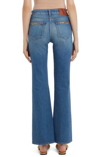 Shop Valentino Vlogo Chain Detail Stretch Denim Bootcut Jeans In 558-medium Blue Denim