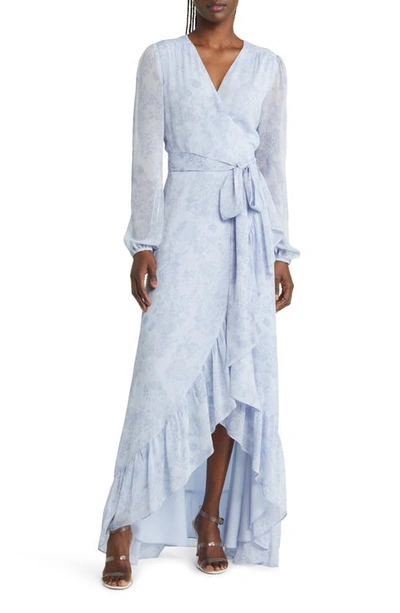 Shop Wayf The Meryl Floral Long Sleeve Wrap Gown In Dusty Blue Bouquet