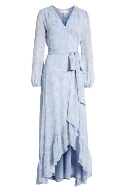Shop Wayf The Meryl Floral Long Sleeve Wrap Gown In Dusty Blue Bouquet