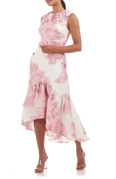 Shop Kay Unger Beatrix Belted Floral High-low Cocktail Dress In Pale Pink