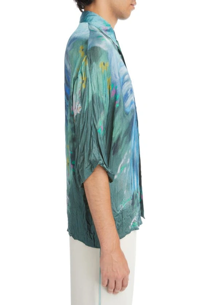 Shop Acne Studios X Karen Kilimnick Bow Print Crinkle Button-up Shirt In Sage Green/ Light Blue