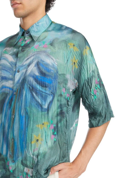 Shop Acne Studios X Karen Kilimnick Bow Print Crinkle Button-up Shirt In Sage Green/ Light Blue