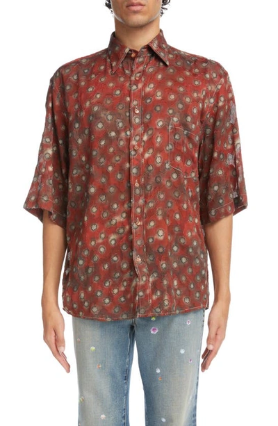 Shop Acne Studios Faded Daisies Short Sleeve Button-up Shirt In Dark Red/ Grey