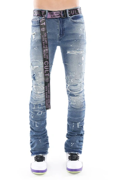 Shop Cult Of Individuality Hipster Nomad Belted Distressed Stretch Bootcut Jeans In Basil