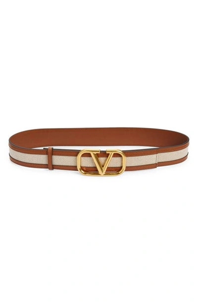 Shop Valentino Vlogo Canvas & Leather Belt In Bicolor Beige/ Selleria Brown