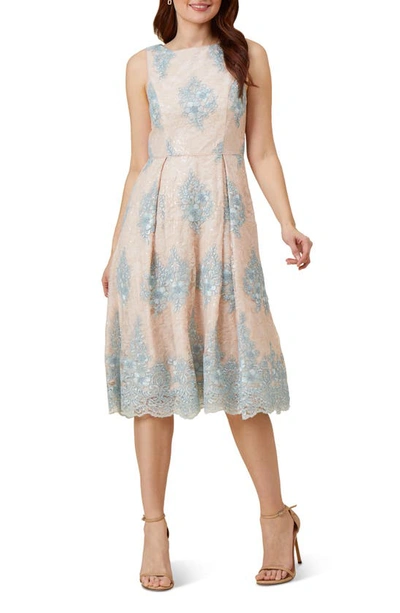 Shop Adrianna Papell Floral Embroidered Midi Fit & Flare Dress In Light Blue/ Beige