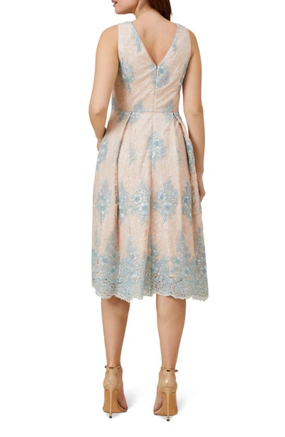 Shop Adrianna Papell Floral Embroidered Midi Fit & Flare Dress In Light Blue/ Beige