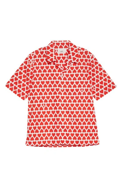 Shop Ami Alexandre Mattiussi Hearts Print Organic Cotton Short Sleeve Button-up Camp Shirt In Scarlet Red/ Natural White