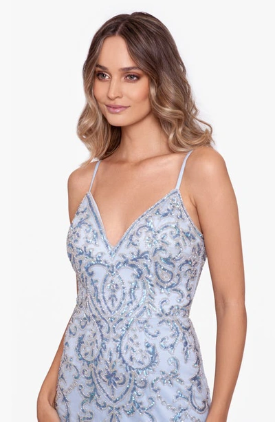 Shop Xscape Embellished Mesh Mermaid Gown In Grey/ Blue