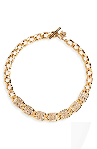 Shop Versace Logo Pavé Chain Link Necklace In  Gold/ Crystal