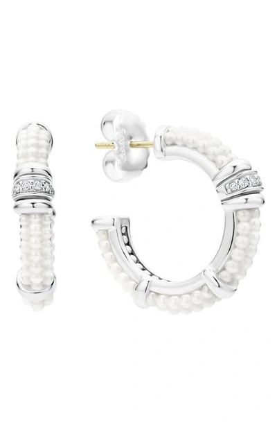 Shop Lagos White Caviar Ceramic & Diamond Hoop Earrings In Silver/ Diamond