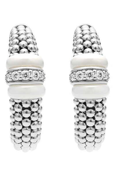 Shop Lagos White Caviar Diamond Hoop Earrings In Silver/ Diamond