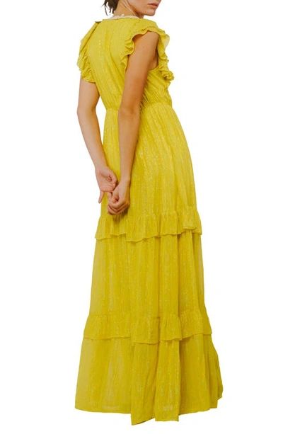Ciebon Ryva Galey Metallic Stripe Ruffle Tiered Maxi Dress In Bright Yellow