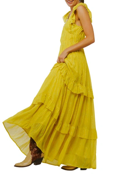 Ciebon Ryva Galey Metallic Stripe Ruffle Tiered Maxi Dress In Bright Yellow