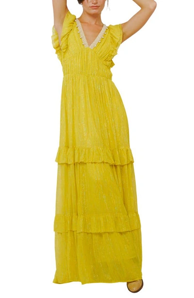 Ciebon Ryva Galey Metallic Stripe Ruffle Tiered Maxi Dress In Bright Yellow