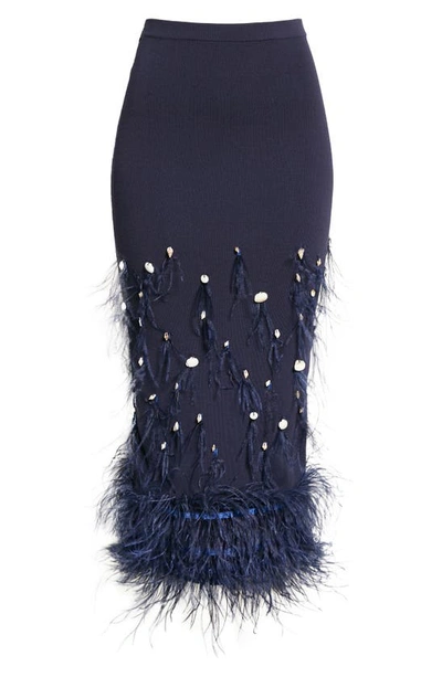 Shop Staud Makayla Shell & Ostrich Feather Skirt In Navy