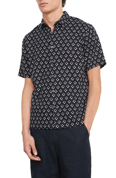 Shop Vince Geometric Floral Short Sleeve Linen Blend Button-up Shirt In Coastal/ Optic White