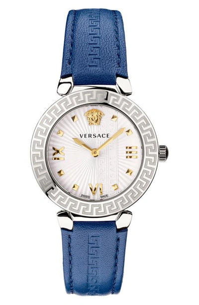 Shop Versace Greca Icons Leather Strap Watch, 36mm In White Steel