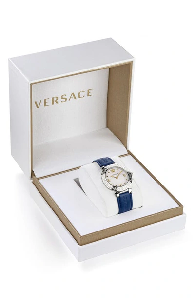 Shop Versace Greca Icons Leather Strap Watch, 36mm In White Steel