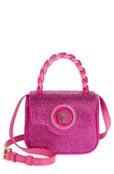 Shop Versace Mini Crystal La Medusa Handbag In Fuchsia/  Gold